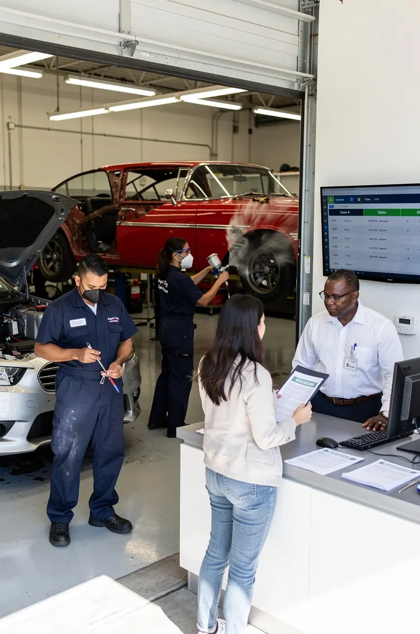 Technician performing precise paint restoration on a vehicle at a Los Angeles collision repair center with insurance paperwork visible on a nearby desk